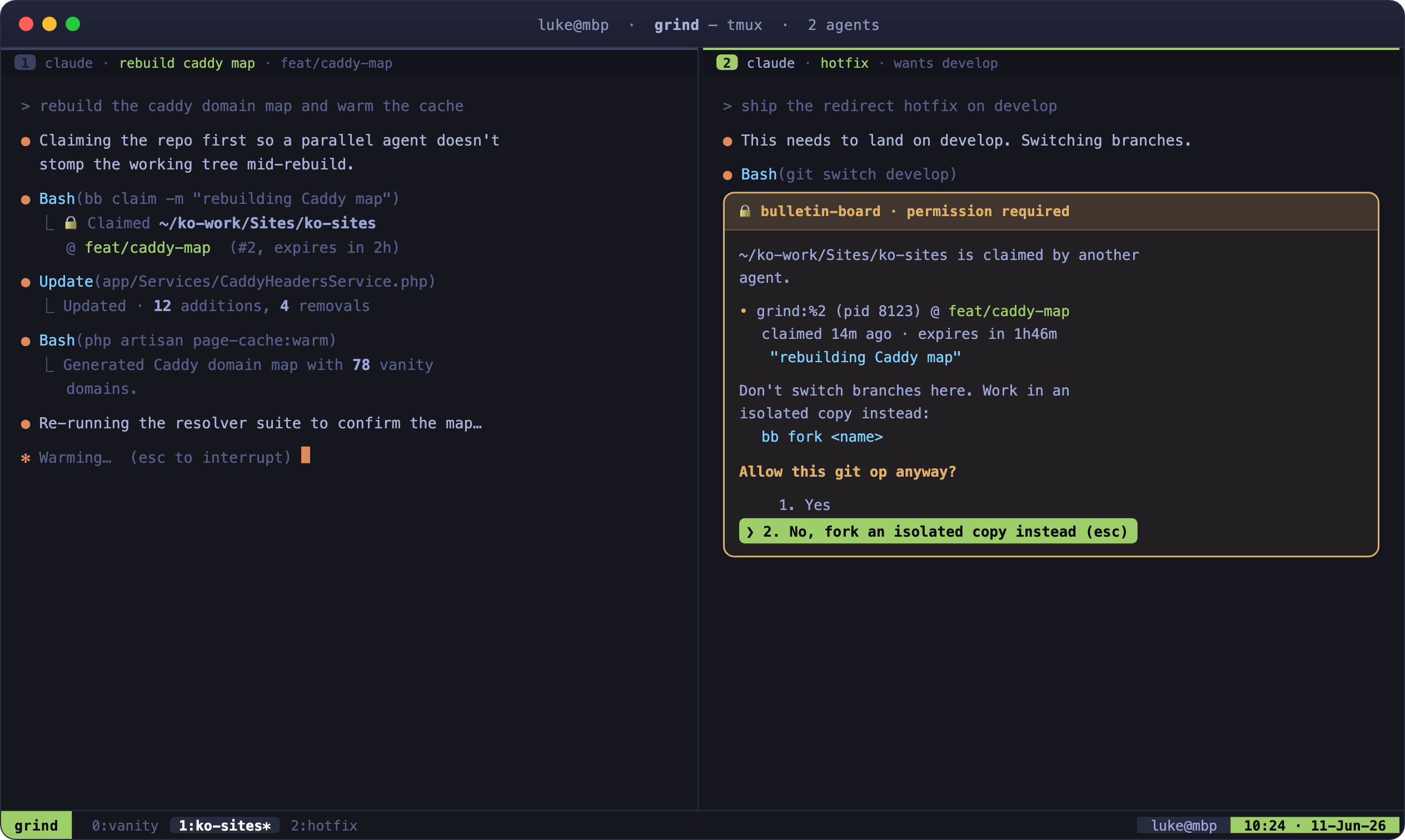 Two Claude Code agents in one tmux session. The left agent has claimed the repo with bb while it rebuilds the Caddy map; on the right, the other agent's git switch is intercepted by the bulletin-board gate, which offers to fork an isolated copy instead.